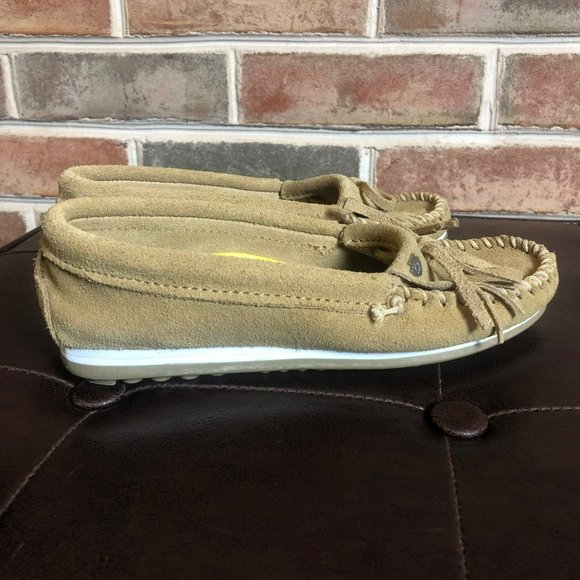 Minnetonka Light Brown Suede Moccasins Womens Sz 5 Fringe Boho - Picture 4 of 6